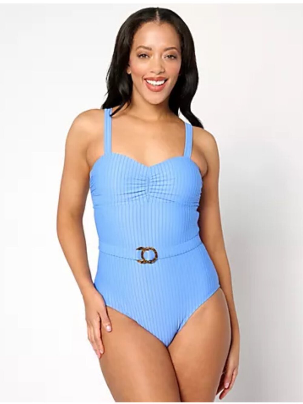 Susan Graver Soleil Ruched Front Swimsuit with Belt Periwinkle Plus 18